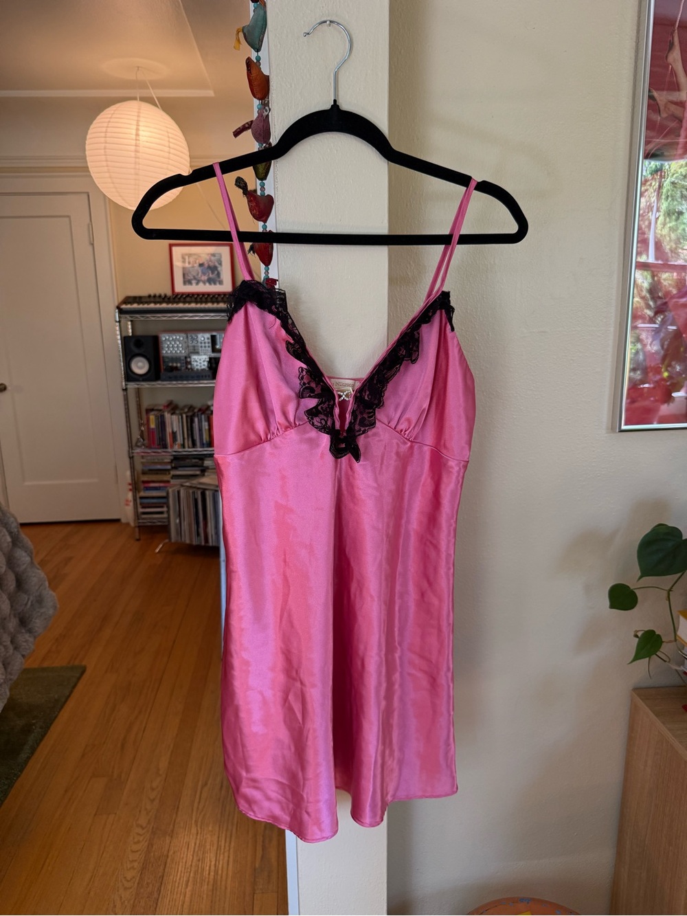 Vintage Y2K Pink Silk and Black Lace Slip